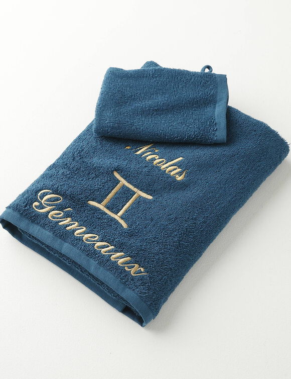 Serviettes de bain brodées Gémeaux personnalisable - 420g/m2 (bleu paon)