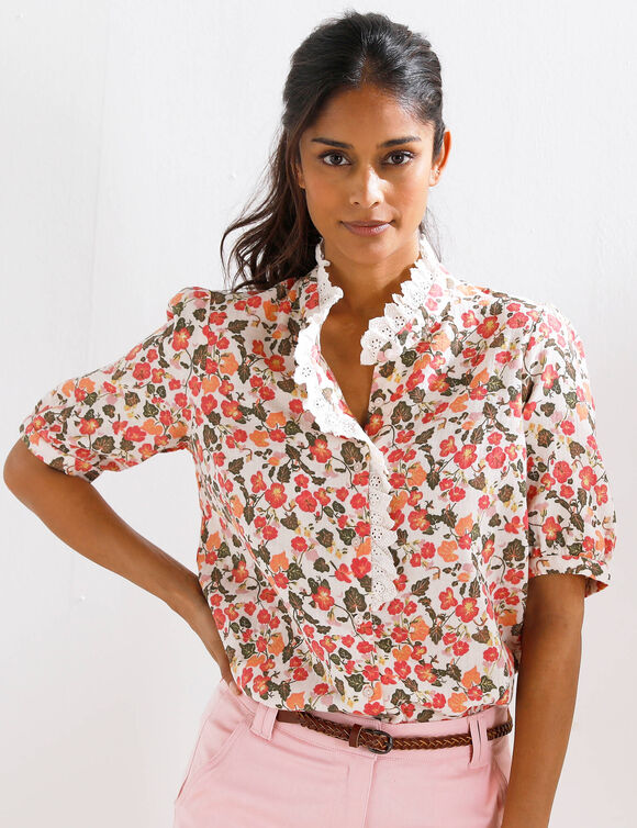 Chemisier en gaze de coton, imprim&eacute; fleuri (kaki / roze)