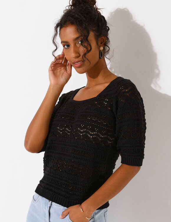 Pull col carr&eacute; uni, maille ajour&eacute;e (noir)