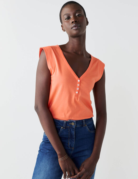 D&eacute;bardeur col V, d&eacute;tail dos broderie anglaise (orange)