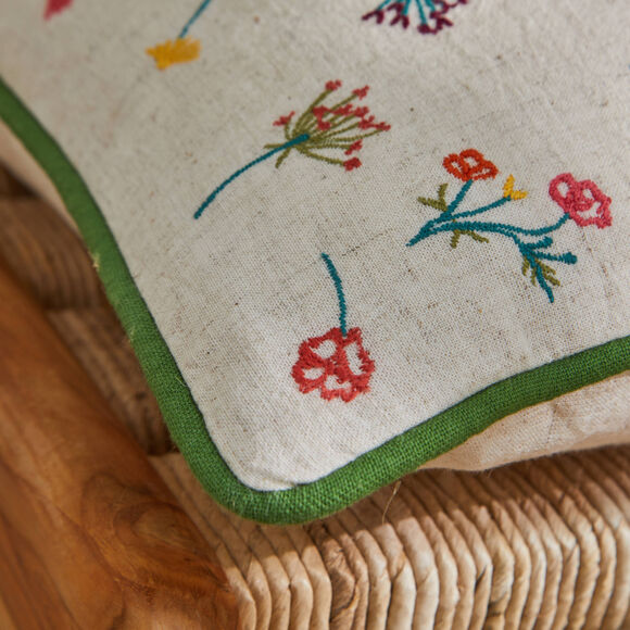 Coussin coton lin broderie fleurie (vert / orange)