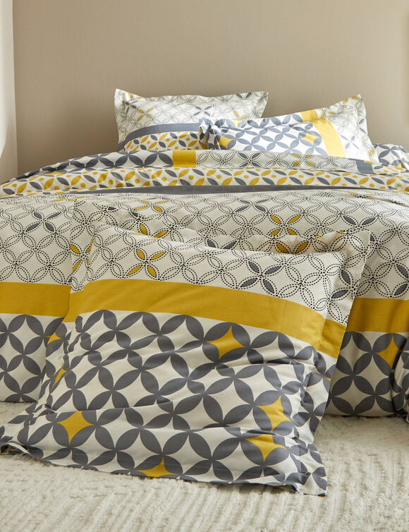 Linge de lit Marlow en coton motifs géométriques (gris / jaune)
