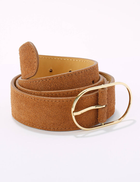 Riem met goudkleurige gesp, suèdesplitleer (karamel)