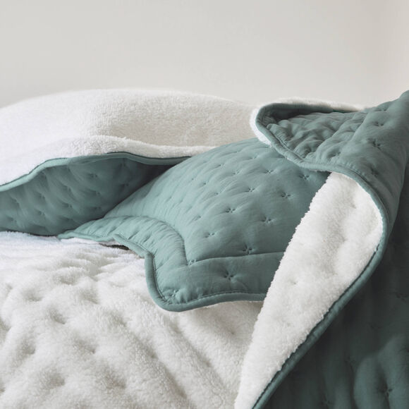 Couvre-lit réversible microfibre matelassée/sherpa (eucalyptus)