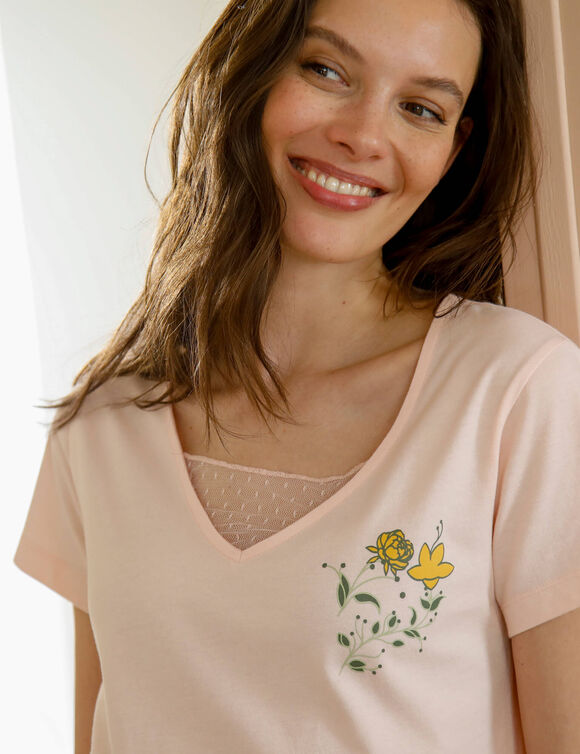 T- shirt pyjama manches courtes motif floral imprim&eacute;  (rose)