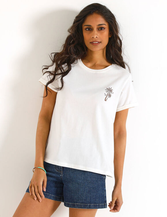 T-shirt met korte mouwen en palmbomenmotiefje (ecru / chocolade)