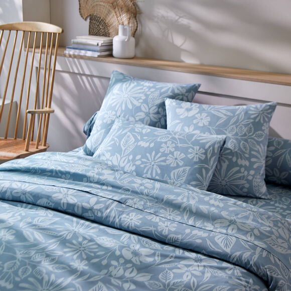 Bedlinnen Céline, in katoen met bloemenprint (grijsblauw)