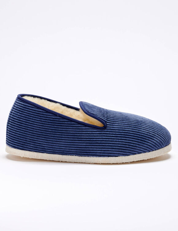 Stille pantoffels in velours met wolvoering (marineblauw)