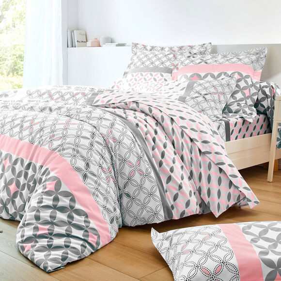 Linge de lit Marlow en coton motifs g&eacute;om&eacute;triques (gris / rose)
