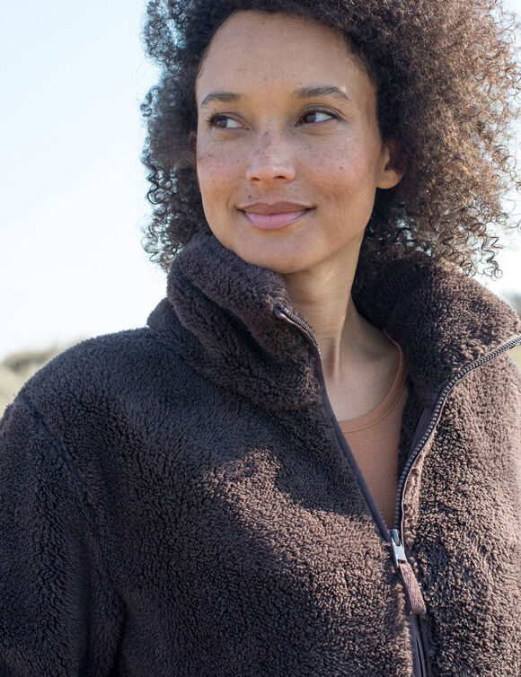 Veste longue zipp&eacute;e col montant, manches longues, maille polaire (chocolat)