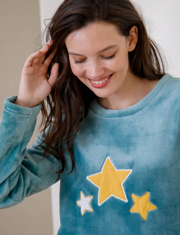 Pyjamabroek met fleece met &bdquo;sterren&ldquo;, voelt aan als pluche (grijsblauw)