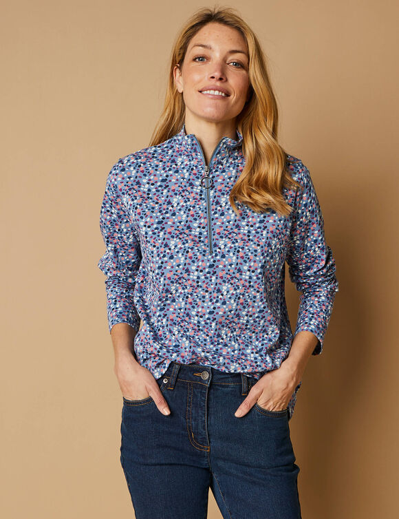 T-shirt col montant zippé imprimé (bleu grisé)