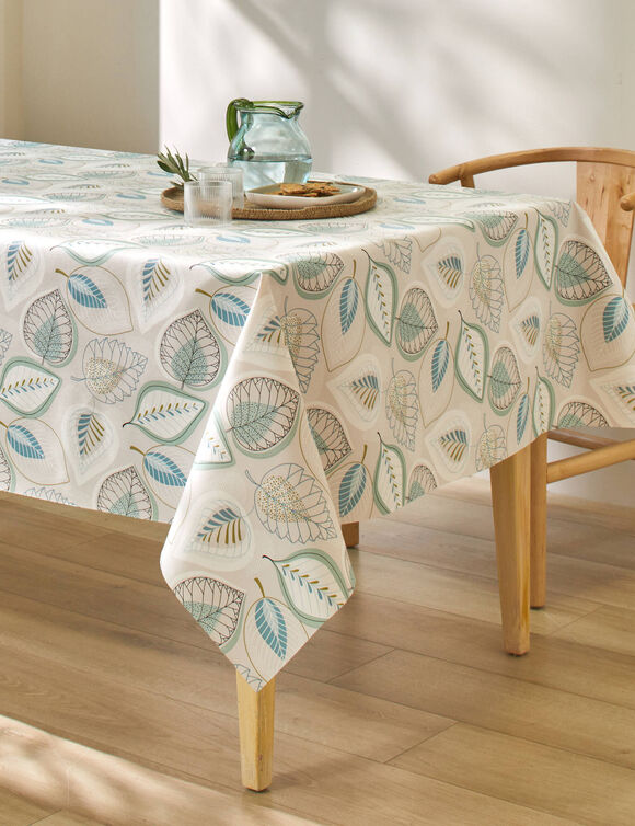 Nappe toile cirée imprimé feuilles (gris / bleu)