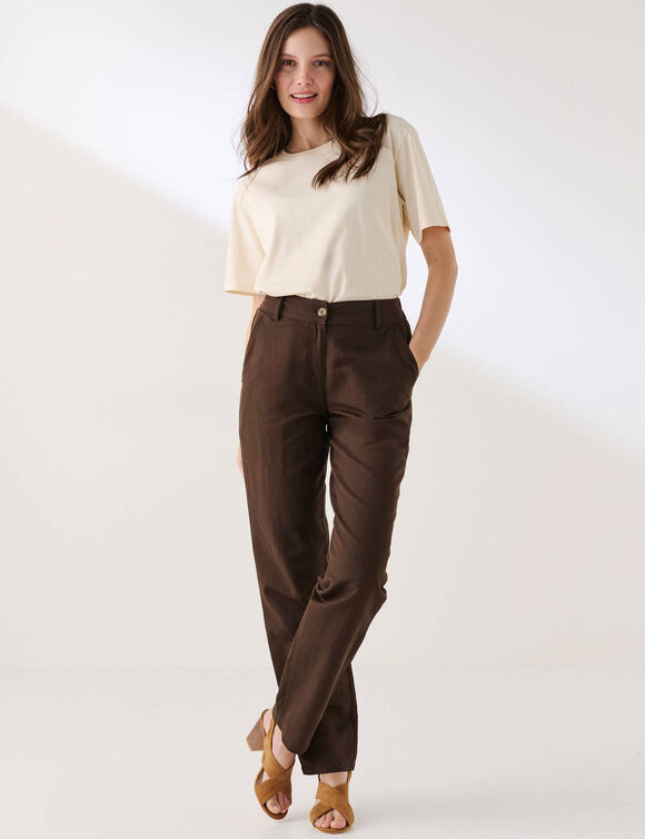 Pantalon coupe mom coton-lin uni (chocolat)