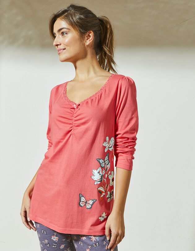 T-shirt pyjama manches longues imprimé placé papillons (corail)