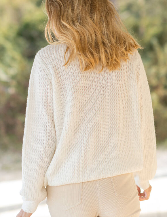 Pull  col V maille anglaise ajourée (écru)