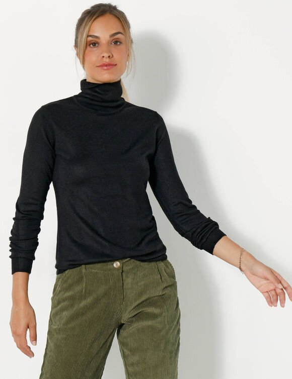 Pull col roulé, toucher doux (noir)