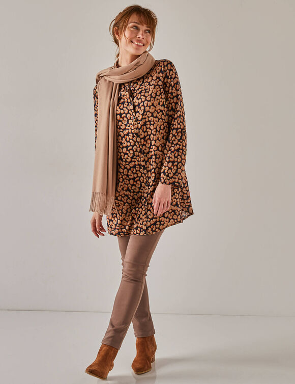 Tunique évasée boutonnée imprimé peau de bête (noir / taupe)