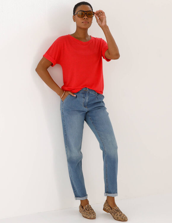 T-shirt col rond en lin m&eacute;lang&eacute;, manches courtes (rose)