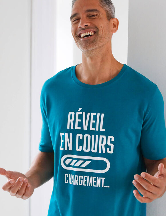 Maxi T-shirt pyjama imprim&eacute; "r&eacute;veil en cours" (bleu canard)