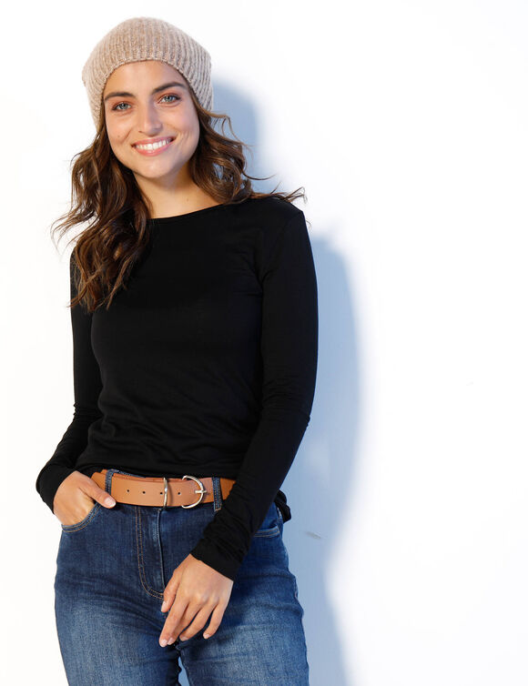 T-shirt uni col rond stretch (noir)