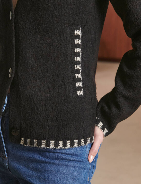Gilet boutonn&eacute; bicolore, maille moelleuse (noir / &eacute;cru)