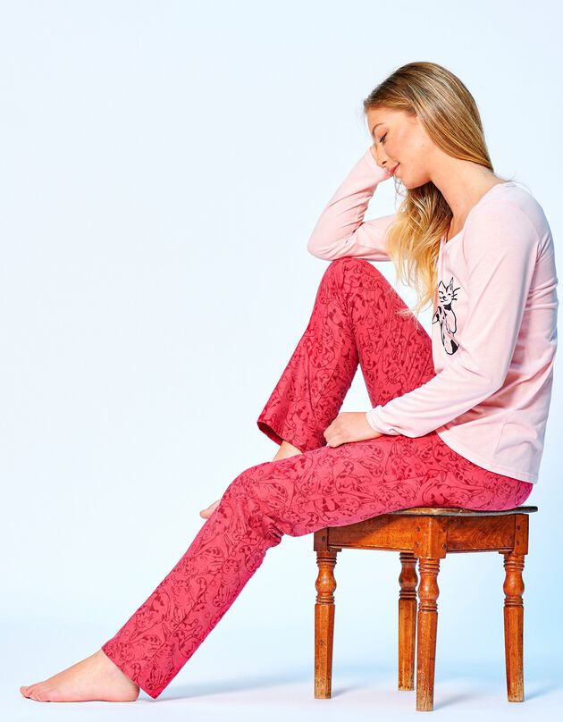 Pyjama in jersey en flanel met poezenprint, roze, hi-res