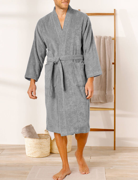 Peignoir mixte adulte col kimono éponge bouclette  (gris)
