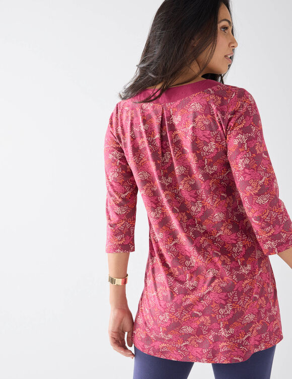 Tunique col V imprimée, manches 3/4 (prune / rose)