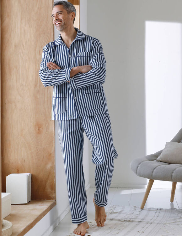 Gestreepte pyjama - katoenflanel (marine / ecru)
