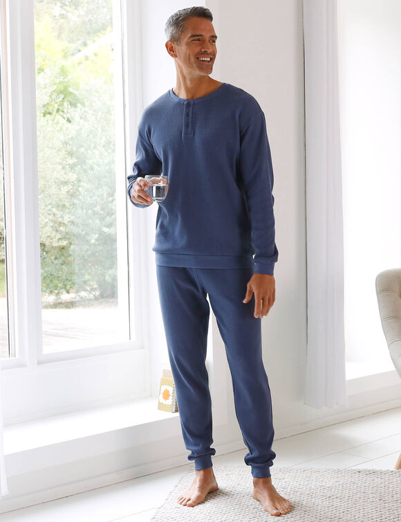 Pyjama col tunisien nid d'abeille manches longues (bleu jean)