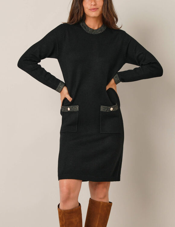 Robe pull d&eacute;tails brillants, 2 poches (noir)