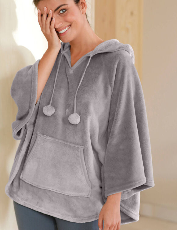 Poncho &agrave; capuche, maille polaire toucher peluche (gris)
