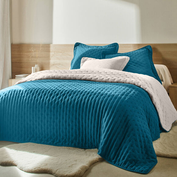 Couvre-lit réversible microfibre matelassée/sherpa (bleu paon)