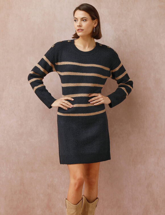 Robe-pull rayée manches longues, épaules boutonnées (marine / taupe)