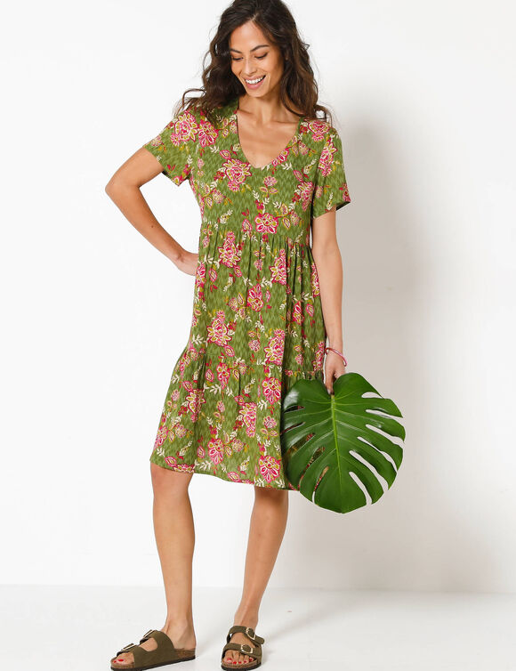 Robe courte col V imprim&eacute; fleuri, cr&eacute;pon (kaki / roze)