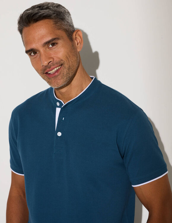 Polo uni col mao maille piquée manches courtes (bleu canard)