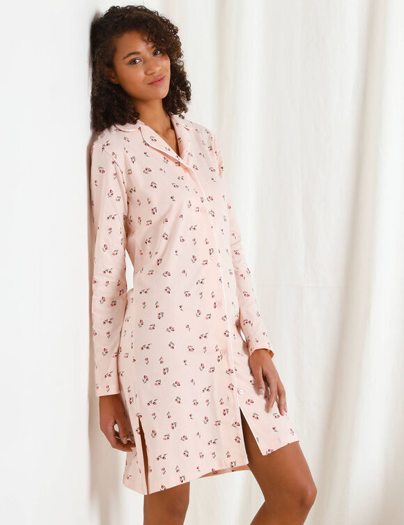 Chemise de nuit imprimée "tulipes" boutonnée col tailleur manches longues (corail)