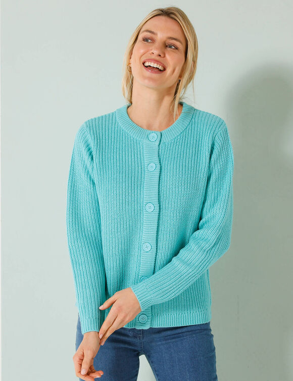 Gilet boutonné en maille anglaise (turquoise)