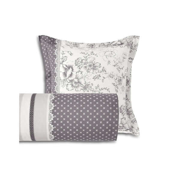 Bedlinnen Gabrielle in flanel met bloemenprint en kant (grijs)