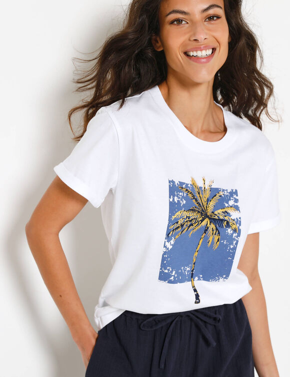 T-shirt col rond imprim&eacute; palmier, volume loose (wit / indigo)