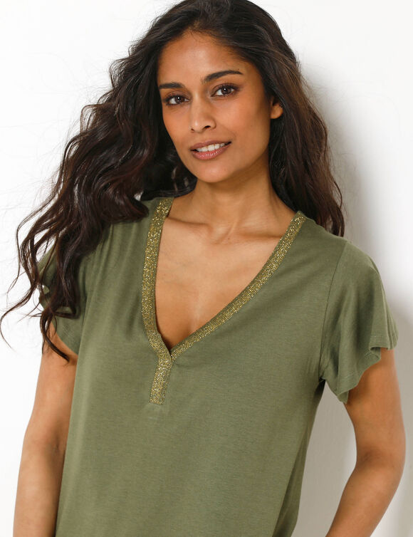 T-shirt in effen tricot met goudkleurige V-hals (kaki)