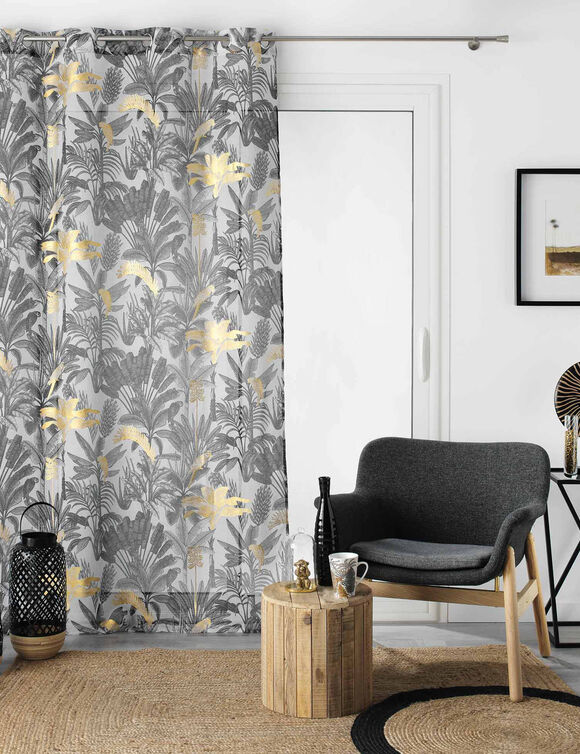 Voilage feuilles palmier, imprim&eacute; m&eacute;tallis&eacute;, finition &oelig;illets (gris / dor&eacute;)