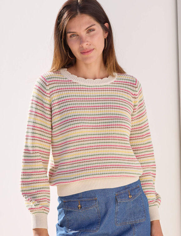 Pull ray&eacute; effet d&eacute;grad&eacute;, maille anglaise. (blanc cass&eacute; / jaune)