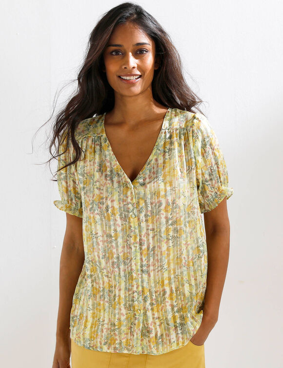 Chemisier boutonn&eacute; manches blousantes imprim&eacute;, voile jacquard (jaune)