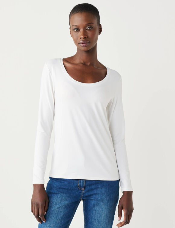 T-shirt col rond uni, maille douce (&eacute;cru)