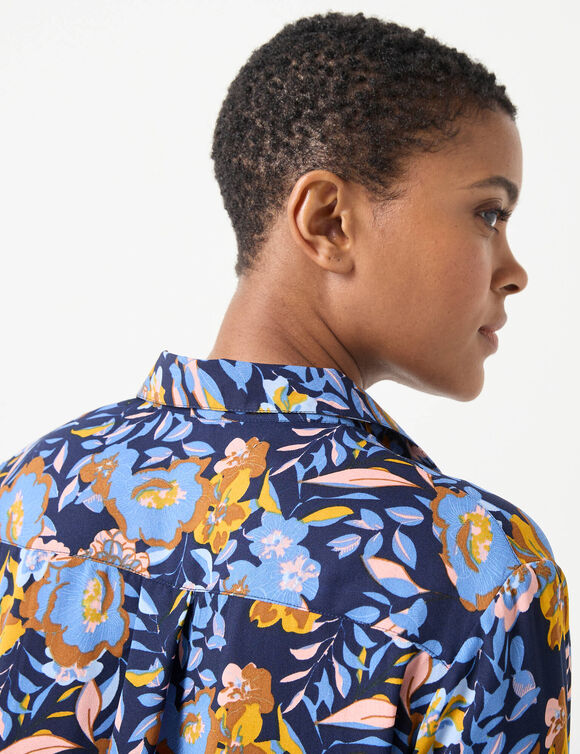 Bloes met knoopsluiting met bloemenprint, gerecycleerd polyester(**) (blauw / kerrie)