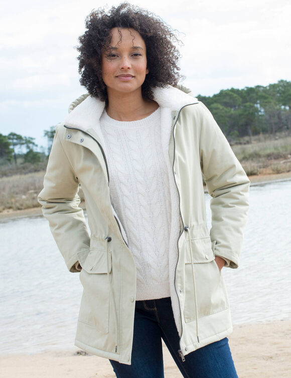 Parka déperlante à capuche, doublée polaire sherpa (mastic)