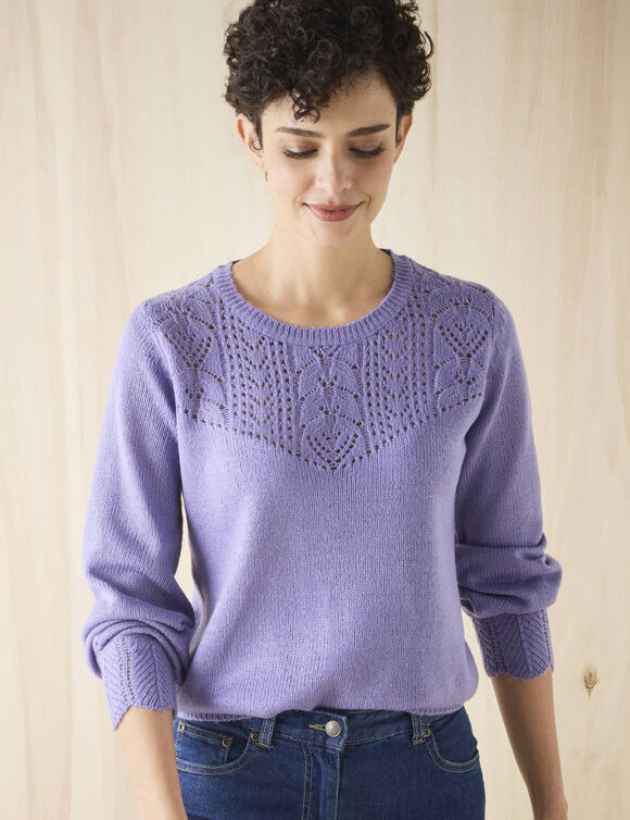 Pull col rond maille ajourée, toucher doux (parme)
