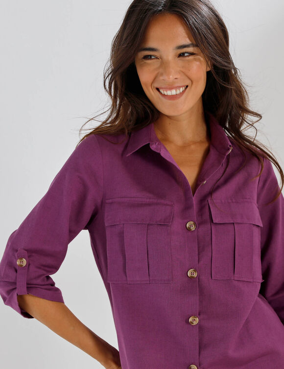 Chemisier lin-coton, manches retroussables (violet gris&eacute;)